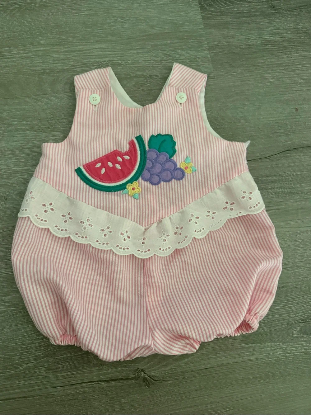 90s vintage Pink Striped Baby Romper with Fruit Appliqué